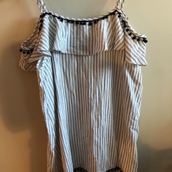 🎀NEW🎀Pinstripe and Pom-Pom Cold Shoulder Dress - Picture 6 of 8